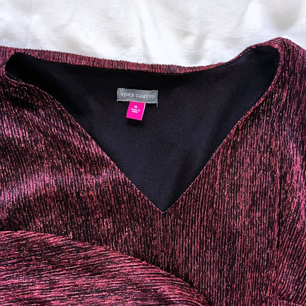 Vince Camuto Women's Metallic V-Neck Sheer-Sleeve Top, Wine Color Holiday - Picture 7 of 7